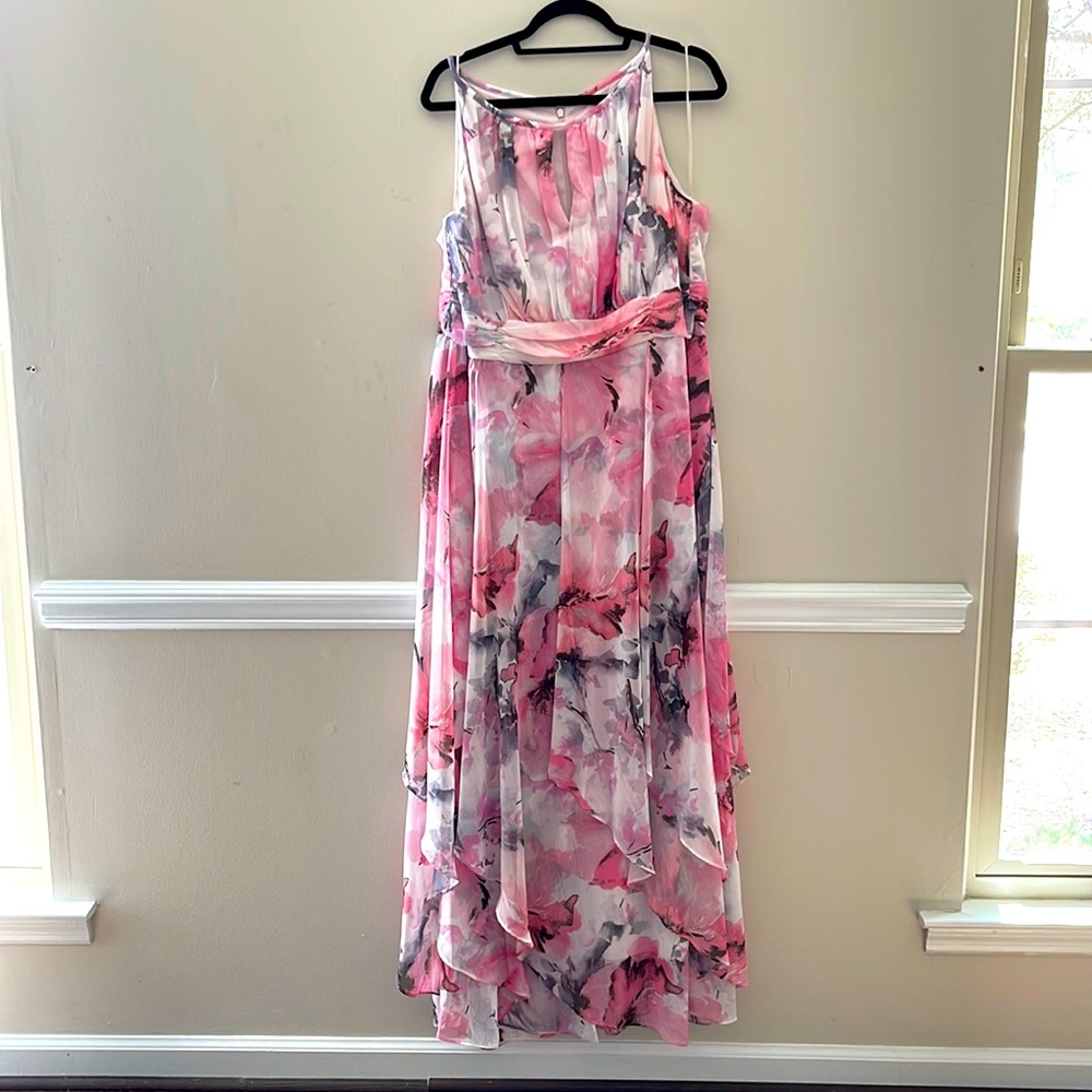 R & M Richards Pink and Gray Floral Maxi Dress